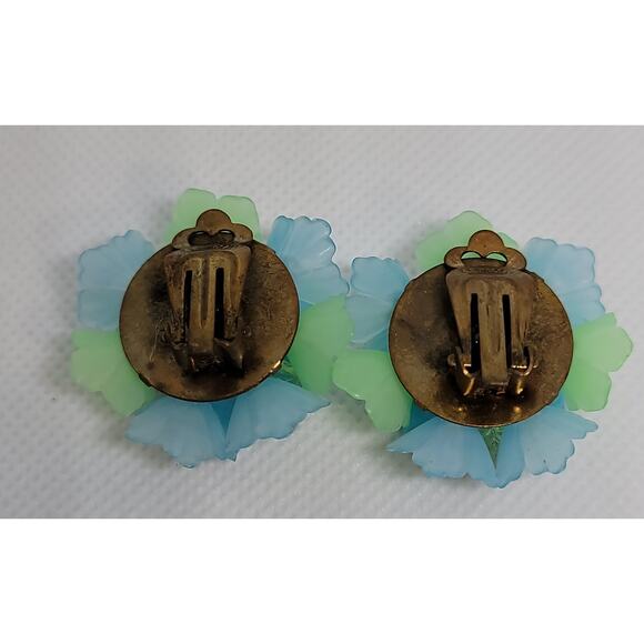 Vintage Mid Century Cluster Glass Clip On Flower Earrings Signed West Germany - Picture 7 of 8